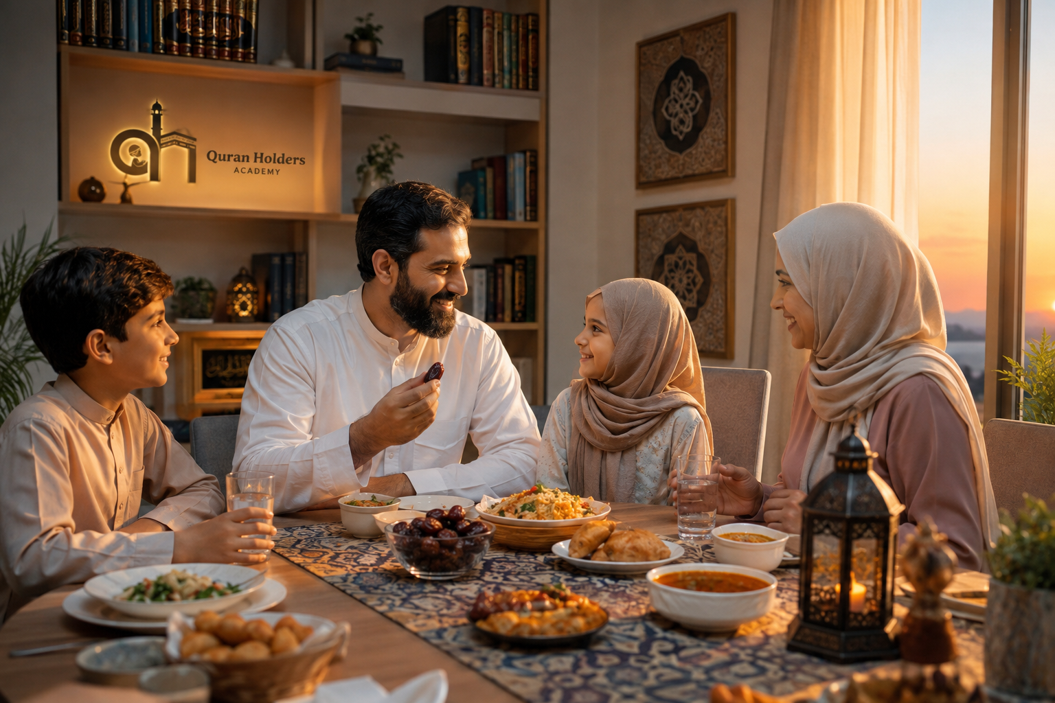 A diverse Muslim family breaking their Ramadan fast at sunset with dates and water, illustrating the rules of Ramadan fasting.