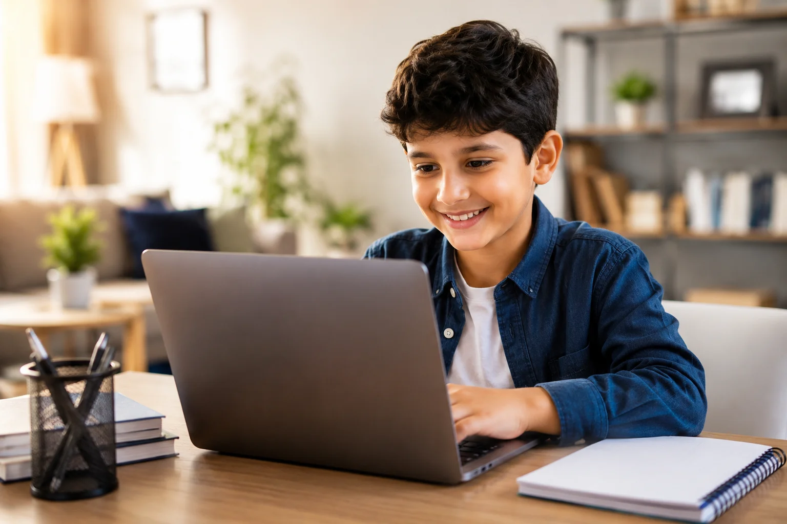 Home 9 Happy young student enjoying his online Quran class.