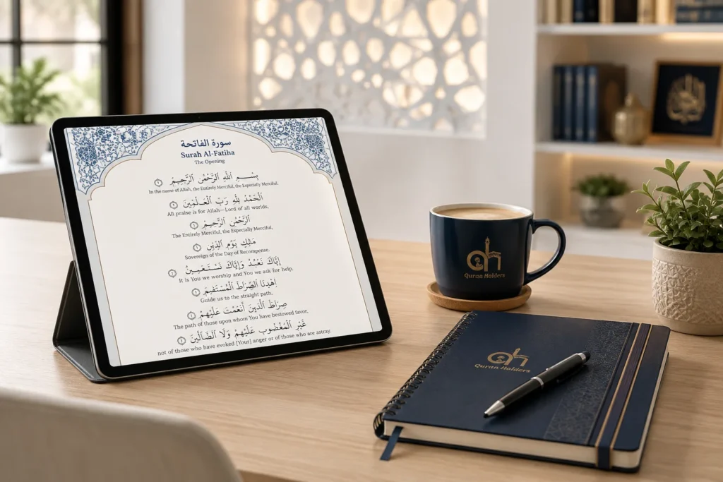 Islamic Books 1 Modern study desk with a tablet displaying Islamic Studies materials.