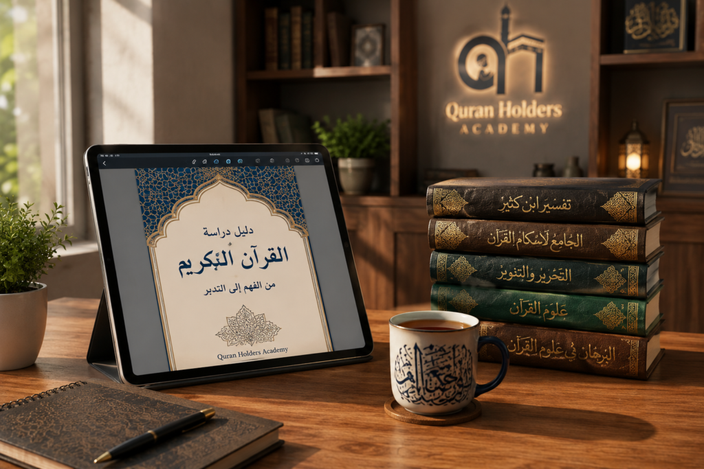 Quran Books 1 A beautiful study desk with a tablet and curated Quran books.