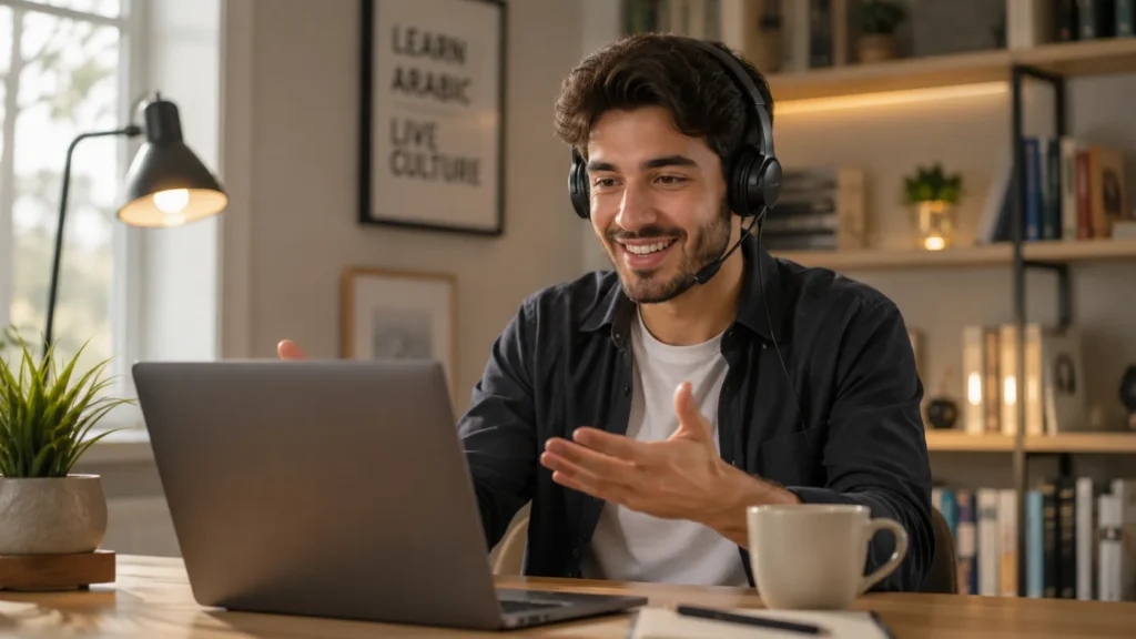 Arabic Courses 4 Student wearing a headset practicing Arabic conversation online