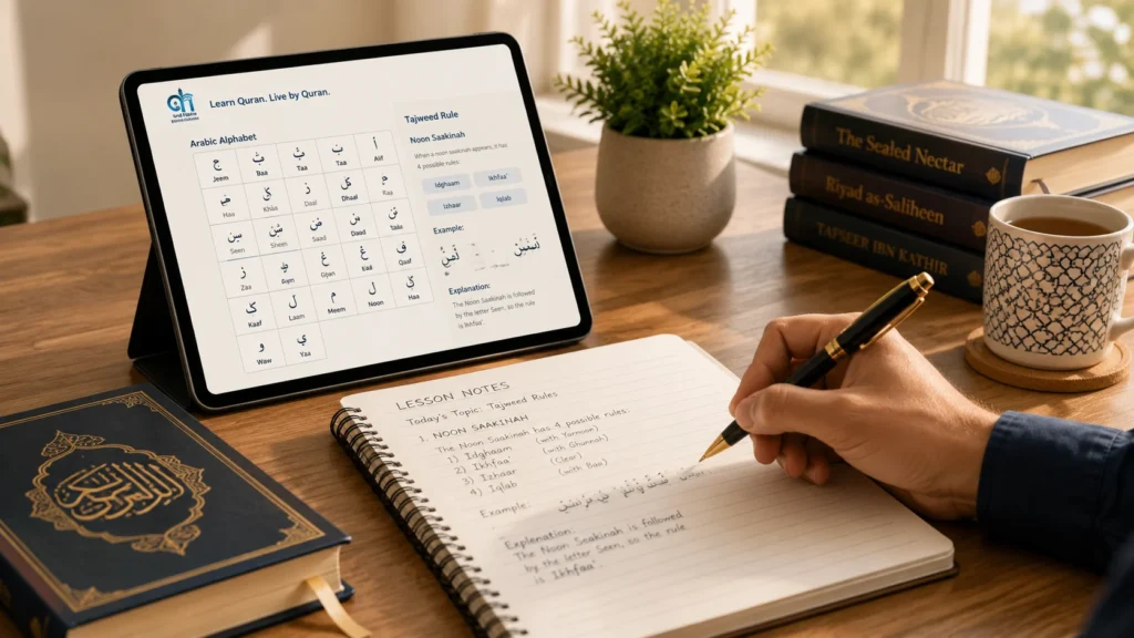 Arabic Courses 5 Writing notes and studying Arabic grammar rules on a desk