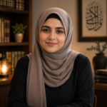Home 4 Teacher Afdal, an expert female online Quran tutor wearing a beige hijab, smiling warmly in a cozy study room with Islamic art and books at Quran Holders.