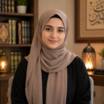 Home 6 Portrait of Teacher Jehad, a qualified female online Quran tutor wearing a beige hijab, smiling warmly in a library setting with Islamic decor at Quran Holders.