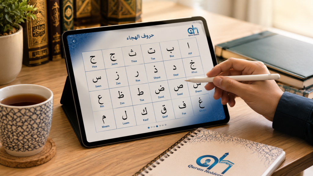 Courses 6 Laptop displaying Arabic letters for an interactive online Arabic course