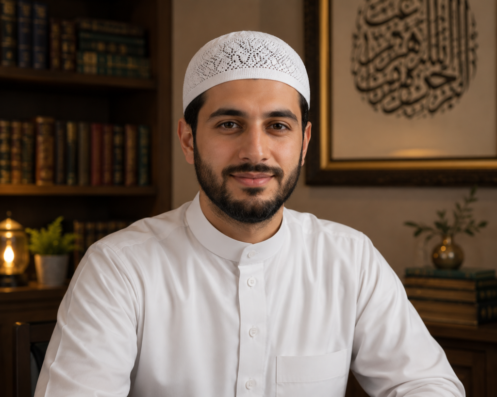 Home 5 Teacher Mahmoud, a qualified online Quran tutor at Quran Holders, wearing a white thobe and kufi, smiling in a study room featuring Islamic calligraphy and bookshelves.
