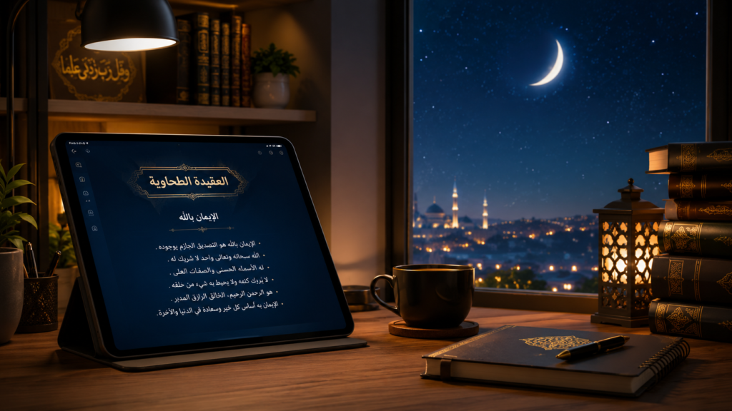 Islamic Courses 6 Digital tablet and beautiful background representing an online Aqida and Islamic theology course