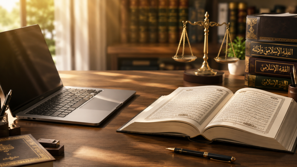 Islamic Courses 5 Laptop and books on a desk representing an online Fiqh and Islamic jurisprudence course