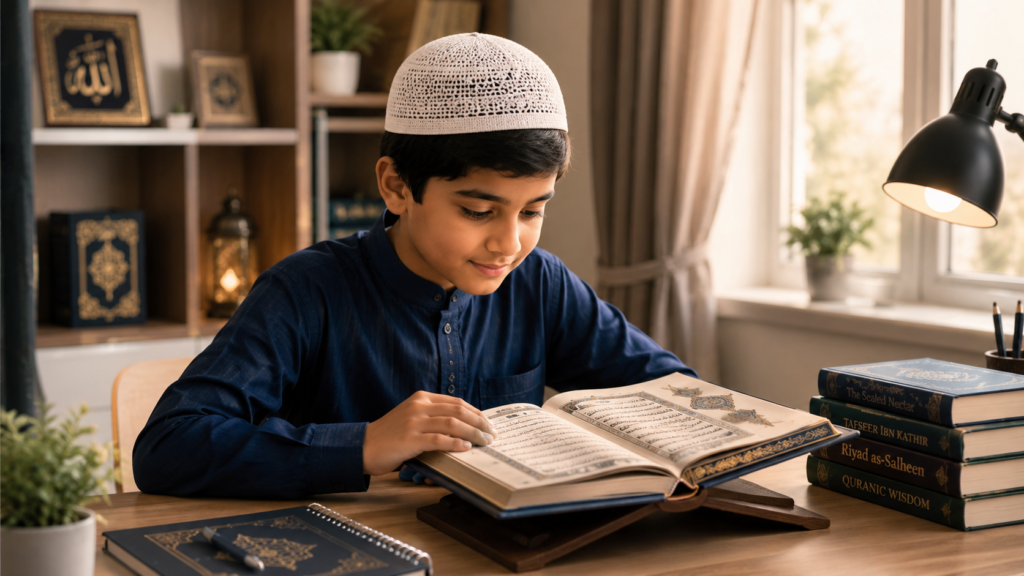 A young student wearing a kufi, deeply focused on reading and memorizing the Holy Quran in a calm, peaceful study environment at Quran Holders.