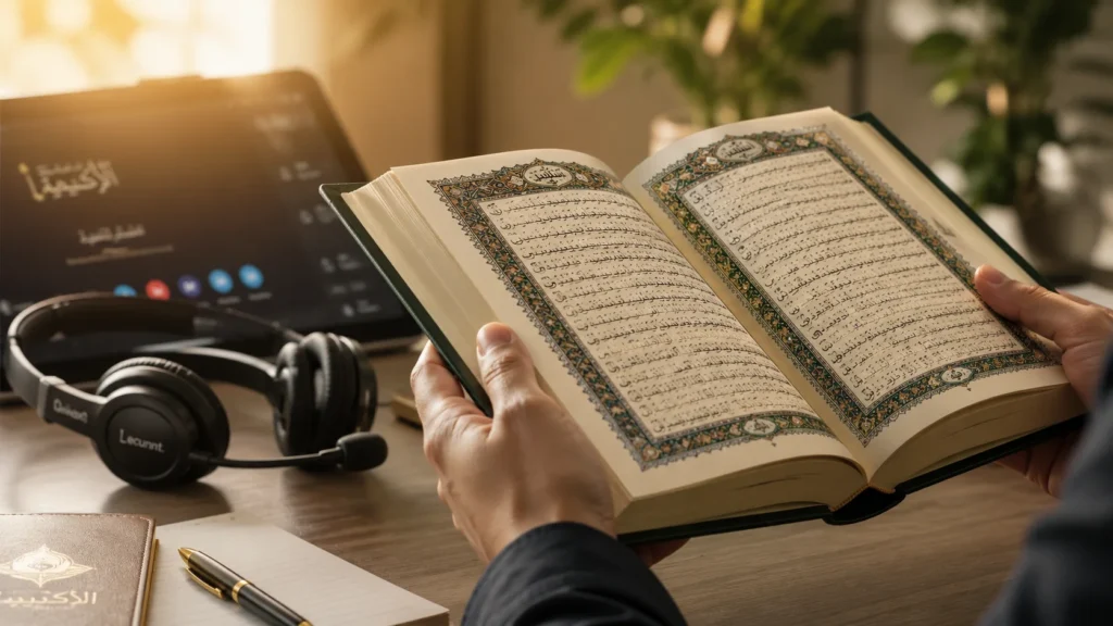 Open Quran and a headset on a desk for an online Quran recitation class