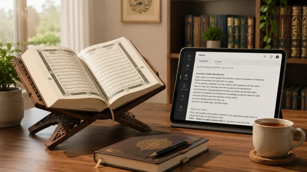 Quran on a wooden stand next to a tablet for studying Tafseer and translations
