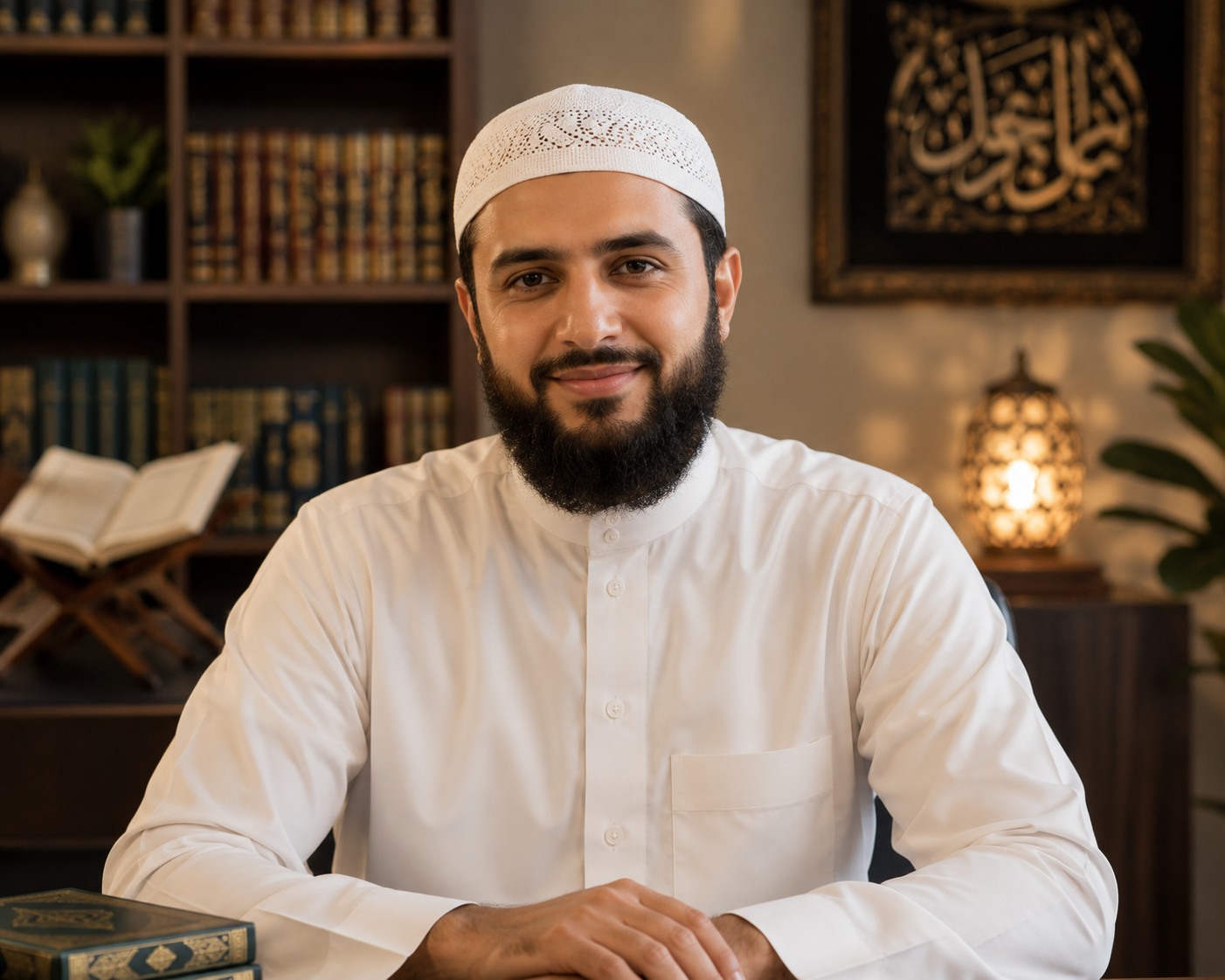 Home 8 Teacher Hamza, an expert online Quran tutor wearing a white thobe and kufi, smiling and sitting at a desk with the Holy Quran in a library setting at Quran Holders.