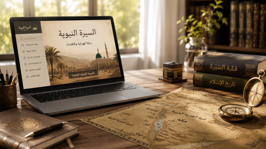 Islamic Courses 7 Laptop and historical map representing an online Seerah course about the life of Prophet Muhammad