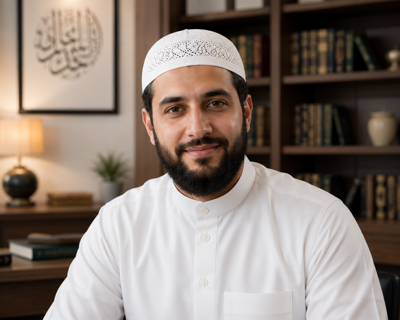 Home 7 Portrait of Teacher Moaaz, a professional online Quran tutor wearing a traditional white thobe and kufi, smiling warmly in a library setting with Islamic calligraphy in the background at Quran Holders