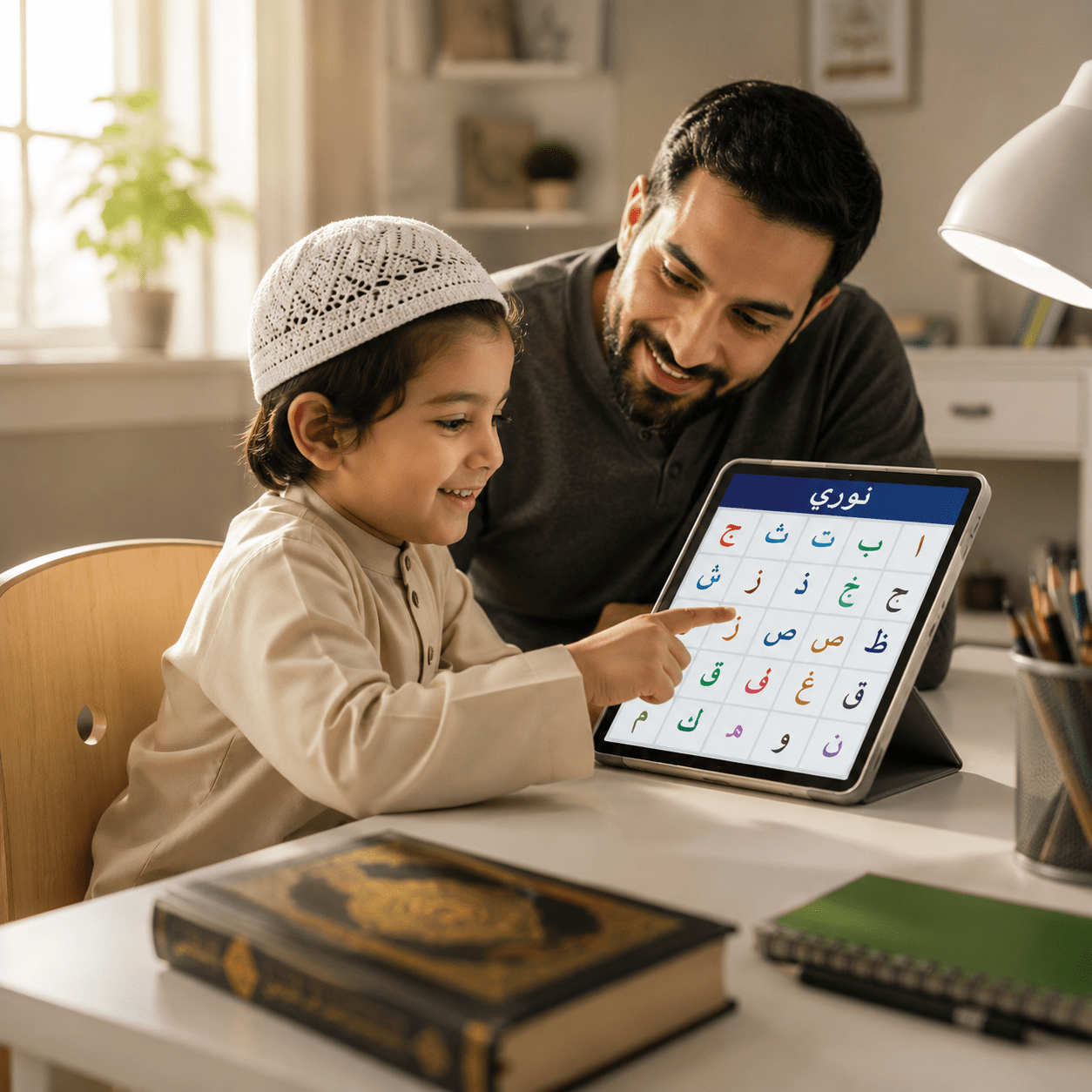 what age to start quran lessons . A young Muslim child learning the Quran and Arabic alphabet on a tablet with their parent, illustrating the best age to start Quran lessons